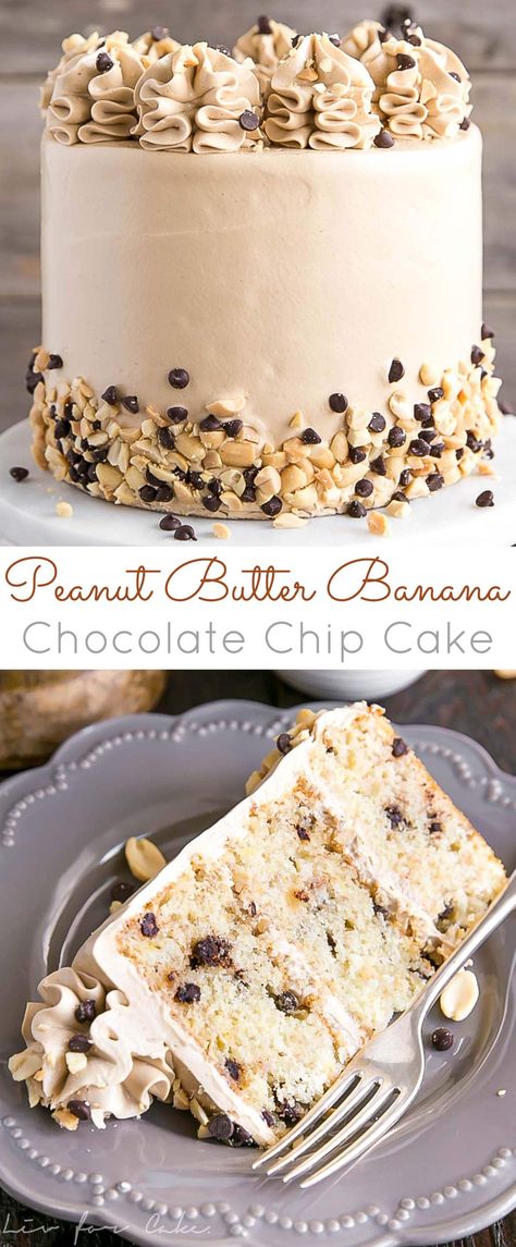 This Banana Chocolate Chip cake is paired with the most amazing peanut butter frosting you will ever have! It's a truly delicious flavor combination and a new favorite. | livforcake.com Banana Chocolate Chip Cake, Cake With Peanut Butter Frosting, Chocolate Chip Cake, Peanut Butter Frosting, Butter Frosting, Best Cake Recipes, Banana Chocolate, Banana Chocolate Chip, Peanut Butter Banana