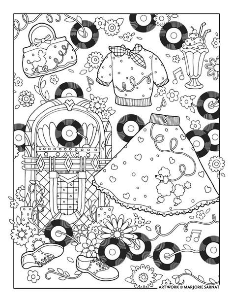 1950s Poodle Skirt, Marjorie Sarnat, Fashion Coloring Book, Poodle Skirt, Adult Coloring Book Pages, Daycare Crafts, Scrapbook Sketches, Cute Coloring Pages, Free Printable Coloring