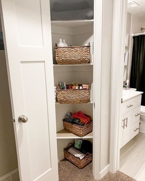 Hidden Linen Closet, Corner Linen Closet, Hallway Linen Closet, Corner Hallway, Bedroom Organization, Linen Closet Organization, Small Closet, Small Corner, Linen Closet