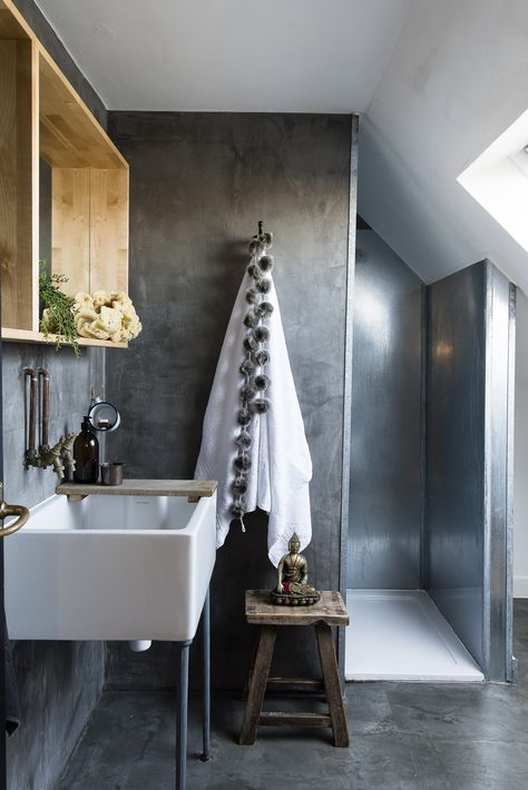 The shower enclosure in the downstairs bathroom is made from galvanised steel. The walls and floor are concrete screed Sea Villa, Blue Tile Wall, Bathroom Mirror With Shelf, Bathroom Big, Mid Century Modern Bathroom, Christmas House Lights, Bathroom Inspiration Modern, Floor Bathroom, Country Bathroom