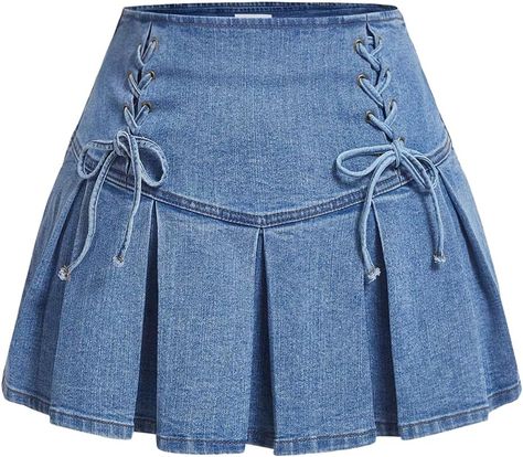 Amazon.com: SweatyRocks Women's Plus Size Lace Up Front High Waist A Line Pleated Mini Denim Skirt Light Wash 4XL : Clothing, Shoes & Jewelry Plus Size Denim Skirt Outfit, Pleated Denim Skirt, Mini Denim Skirt, Denim Skirt Outfits, Fashion Design Patterns, High Waisted Pleated Skirt, Plus Size Denim, Funky Outfits, Denim Skirt Women