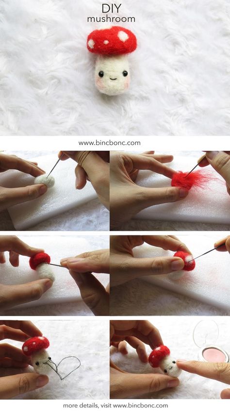 Diy Felted Mushroom, Felt Roving Crafts, Needle Felting Easy Simple, Mushroom Needle Felting, Cool Needle Felting Ideas, Needle Felting Free Pattern, Needle Felted Tutorials, Felt Mushroom Diy, Needle Felting Projects Free Pattern