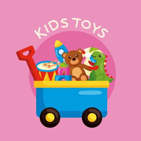 Cart with kids toys icons | Premium Vector #Freepik #vector #baby #kids #cartoon #cute Toy Poster, Toy Logo, Pet Shop Logo Design, Pet Shop Logo, Toys Market, Toys Logo, Create Logo Design, Kids Toy Shop, Toys Cartoon