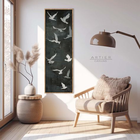 Framed Vertical Birds at Night Oil Painting Canvas Print, Long Narrow Moody Sky and Birds, Sky View Wall Art, Nautical Art, Ready To Hang If your home's atmosphere seems to be missing something, you just might need our stunning floating framed canvas! Immerse yourself in tranquility with our Vintage Style Canvas Wall Art, a collection that infuses peace and serenity into every space. Each canvas is a masterpiece of calm, meticulously designed to create an oasis of quiet elegance in your home.  W Hallway Art Ideas, Long Canvas Painting Ideas, Narrow Painting, Night Oil Painting, Mom Bedroom, Moody Sky, Quiet Elegance, Decor Shopping, Oil Painting Canvas