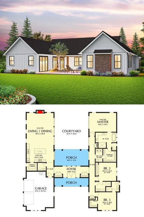 Small House Plans With Courtyard, New Build House Ideas One Story, House Plan With Interior Courtyard, New Build House Layout, Home Plan With Courtyard, House Layouts Bungalow, Modern 3 Bedroom House Plans One Story, One Story High Ceilings House Plans, One Story House Plans With Sunroom