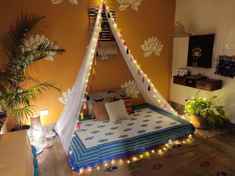 Bed On Floor, Indian Bedroom Design, Rainbow Curtains, 52 Reasons, Colourful Living Room Decor, India Home Decor, Corner Sofa Design, Diy Canopy, Indian Home Interior