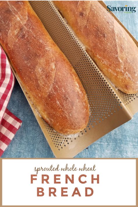 A tasty, healthy recipe for sprouted whole wheat french loaves. Wheat French Bread, Whole Wheat Loaf Bread Recipe, Wheat French Bread Recipe, Whole Wheat French Bread Recipe, Whole Wheat French Bread, Sprouted Whole Wheat Bread, Whole Wheat Baguette, Whole Wheat Crusty Bread, Whole Wheat Baguette Recipe French