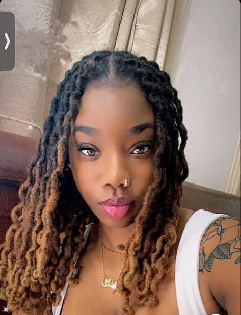 Loc Tip Color Ideas Black Women, Ombre Brown Locs, Brown Ombre Locs Black Women, Loc Hair Colors Black Women, Black Locs With Highlights, Blonde Locs Black Women Dark Skin, Dyed Locs Black Women Ombre, Brown Colored Locs, Locs With Highlights Black Women