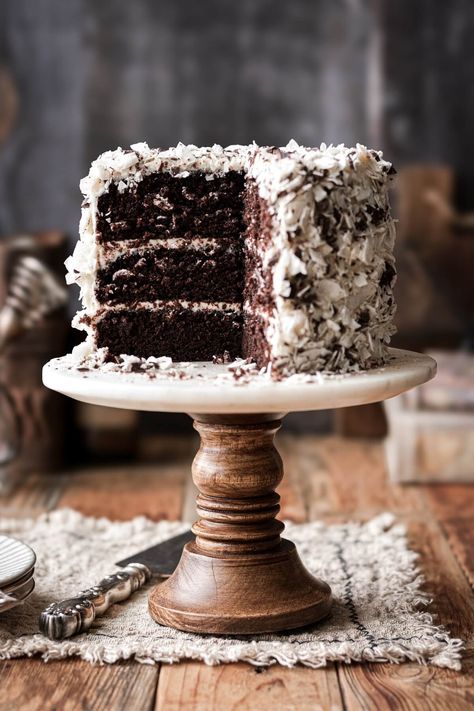 High Altitude Chocolate Coconut Cake - Curly Girl Kitchen High Altitude Cake Recipe, Chocolate Coconut Cake, Coconut Cream Cheese, Chocolate Fantasy, Italian Cream Cakes, Cream Cheese Buttercream, Chocolate Sheet Cake, Coconut Frosting, Rich Chocolate Cake