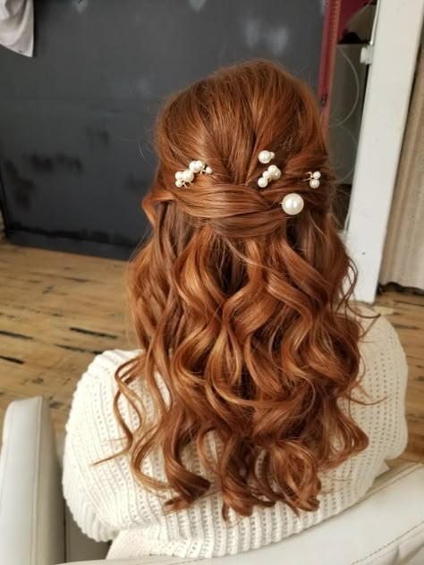 Bridal Hairstyles Half Up Half Down Red Hair, Auburn Bridal Hair, Red Hair Bride Hairstyles, Wedding Hairstyles Red Hair Half Up, Wedding Hair Red Hair, Wedding Red Hairstyles, Prom Hairstyles For Red Hair, Red Hair Bridesmaid Hairstyles, Auburn Hair Half Up Half Down