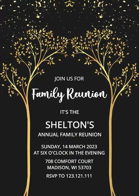 Family Reunion Invitations Templates, Reunion Invitation, Family Reunion Invitations, Reunion Invitations, Online Invitation, Invitation Maker, Gold Tree, Black Families, Free Family