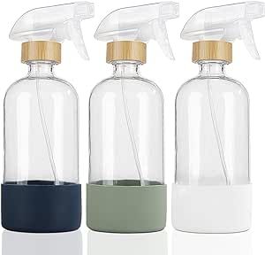 HOMBYS Empty Bamboo Glass Spray Bottles with Silicone Sleeve Protection - Refillable 17 oz Clear Glass Containers for Cleaning Solutions, Essential Oils, Misting Plants - Quality Sprayer - 3 Pack Glass Spray Bottle Cleaning, Bottle Cleaner, Bottom Of The Bottle, Glass Spray Bottle, Carbon Neutral, Ceiling Fan In Kitchen, Glass Containers, Wood Glass, Cleaning Solutions