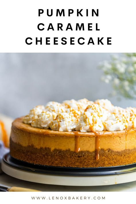 Pumpkin Cheesecake Caramel, Butternut Bakery Cheesecake, Carmel Pumpkin Cheesecake Recipes, Salted Caramel Pumpkin Cheesecake, Fall Themed Cheesecake, Caramel Fall Desserts, Fall Flavored Cheesecake, Thanks Giving Cheesecake, Caramel Topping For Cheesecake