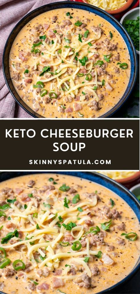 Keto Cheeseburger Soup – Skinny Spatula Keto Soup Easy, Creamy Keto Soup Recipes, Hearty Keto Soup Recipes, Keto Creamy Soups, Turkey Cheeseburger Soup, Quick Keto Soup, Creamy Keto Soup, Hearty Low Carb Soup Recipes, Gluten Free Cheeseburger Soup