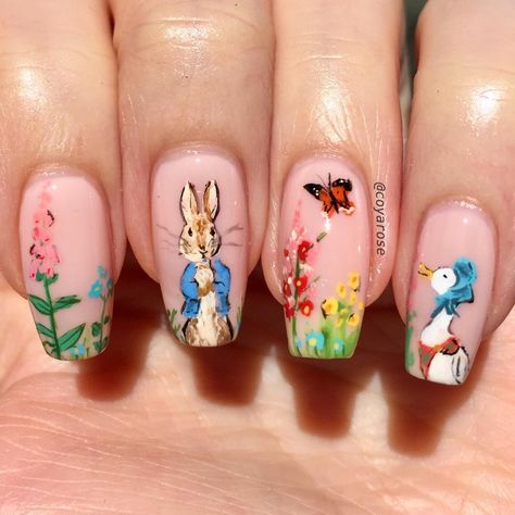 Petter rabbit bunny beatrix potter easter spring floral nails nail art Rabbit Nails, Rabbit Nail Art, Easter Nails Design Spring, Animal Nail Designs, Infinity Nails, Easter Nail Designs, Easter Nail, Easter Nail Art, Hippie Nails