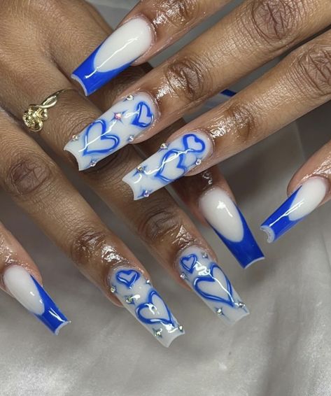 Blue Acrylic Nails with blue hearts Nails With Blue Hearts, Royal Blue Heart Nails, Blue Bandana Nails Acrylic, Blue Hearts Acrylic Nails, Blue Bandana Nails Design, Acrylic Nail Designs Blue Butterfly, Blue Graffiti Nails, Nails With Blue, Bandana Nails