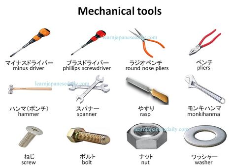 Japanese vocabulary on mechanical tools - Japanese words by theme Tools Name, Mechanical Tools, Roofing Tools, Learn Japan, Japanese Vocabulary, Japanese Tools, Japanese Language Lessons, Learn Japanese Words, Engineering Tools