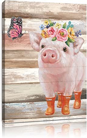 Pig Pictures Canvas Wall Art - Farmhouse Wall Decor - funny Piggy and Pink Butterfly Painting - Farm Animal Poster Mural for Bedroom Bathroom and Kitchen Framed and Ready to Hang (12"x16"x1 Panel) Pink Butterfly Painting, Funny Piggy, Mural For Bedroom, Farm Animals Pictures, Pig Pictures, Funny Pigs, Pig Art, Butterfly Canvas, Butterfly Painting