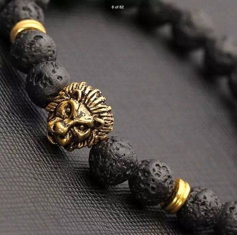 Lion Head Lava Bead Bracelet Gold or Silver | Etsy Men Fashion Black, Lion Head Bracelet, Mens Bling, Lava Bead Bracelet, Lava Stone Bracelet, Lava Bracelet, Wrist Wear, Beaded Cuff, Bangle Bracelets With Charms