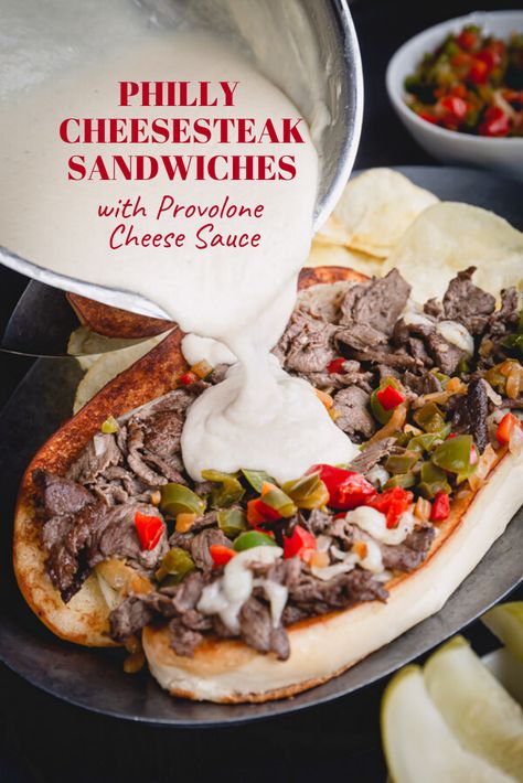 Super quick and easy Philly cheesesteak recipe with indulgent provolone cheese sauce! Let me show you how to make practically fail-proof cheese sauce, so you too can make weeknight dinner a little more special. #phillycheesesteaksandwiches #phillycheesesteaksandwicheseasy #phillycheesesteaksandwichesrecipe Cheesesteak Subs Philly Cheese Steak Sandwich, Cheesesteak Sandwiches Philly, Jersey Mike Philly Cheese Steak Recipe, Cheese Sauce Philly Cheesesteak, Philly Cheese Steak With Cheese Sauce, Philly Cheese Steak For A Crowd, Best Cheesesteak Recipe, Black Stone Cheesesteak, Recipe With Provolone Cheese