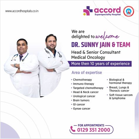 Welcoming Excellence in Oncology

We're thrilled to welcome Dr. Sunny Jain, Head and Senior Consultant - Medical Oncology and his expert team to Accord Superspeciality Hospital! With over a decade of experience, Dr. Jain is a leading authority in Medical Oncology, offering specialized care in chemotherapy, immunotherapy, targeted treatments, and more.


📞 For Appointments: 0129 351 2000
#Oncology #CancerCare #MedicalExperts #AccordHospital Medical Oncology, Head And Neck, Health Care, Medical, Health