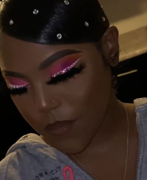 Pink Makeup With Diamonds, Rhinestone Liner Makeup, Pink Prom Makeup For Brown Eyes, Sweet 16 Makeup Ideas Pink, Pink And Silver Makeup Looks, Pink Makeup Looks With Rhinestones, Gender Reveal Makeup Ideas Black Women, Fushia Makeup Looks, Pink Birthday Makeup Looks