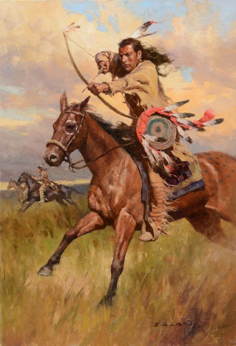 Z.S. Liang | The Buffalo Hunter | MutualArt Native American Paintings, Native American Artwork, Book Illustration Art, American Painting, Native American Artists, American Indian Art, Mountain Man, Art And Illustration, Native Art