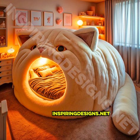 These Giant Cat-Shaped Beds Are The Purr-fect Addition to Any Child’s Room! Cat Bed Ideas, Hair Tool Storage, Circle Bed, Cat Bedroom, Giant Cat, Kids Climbing, Childs Room, Little Cat, Like A Cat