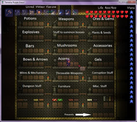 Terraria Organization, House Ideas Terraria, Terraria Battle Arena, Terraria Tips And Tricks, Terraria Npc Guide, Terraria Cavern House, Terraria Chest Room, Terraria Storage, Terraria Storage Room