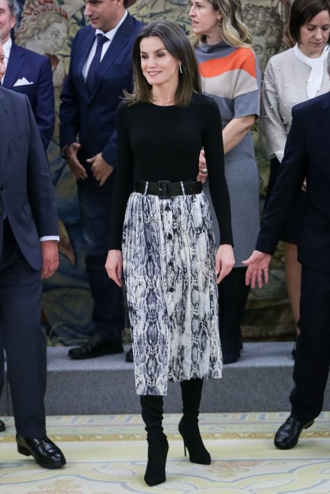 Queen Letizia’s Zara Skirt Only Costs $20, but It Makes Her Look Like a Million Bucks Snakeskin Skirt, Leather Shirt Dress, Hot Skirts, Leather Midi Dress, Zara Skirt, Letizia Of Spain, Skirt Trends, Popsugar Fashion, Zara Fashion