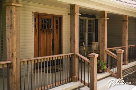 Front Porch Railing Ideas, Wood Entry Door, Porch Railing Designs, Front Porch Railings, Porch Wood, Traditional Porch, Porch Remodel, Building A Porch, Wood Railing