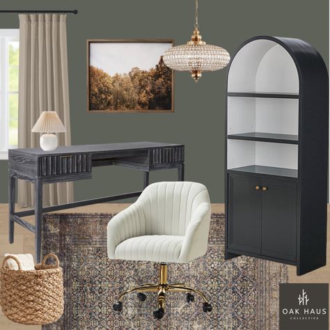 Grey Desk Office, Home Office Inspiration Black Desk, Green Gray Office, Moody Office And Guest Room, Moody Office Rug, Rugs On Dark Wood Floors, Black And Cream Office Ideas, Home Office Green Desk, Sage And Black Office