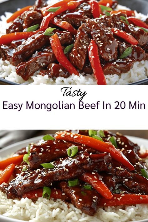 Juicy strips of glazed Mongolian beef tossed with red bell peppers and green onions, topped with white sesame seeds, served over white rice. Quick and Easy Mongolian Beef In 20 Min recipe shown in two appetizing close-up photos. Mongolian Beef Stir Fry, Easy Mongolian Beef, Minced Beef Recipes, Beef Flank Steak, Garlic And Ginger, Stir Fry Dishes, Ground Meat Recipes, Tender Meat, Mince Recipes