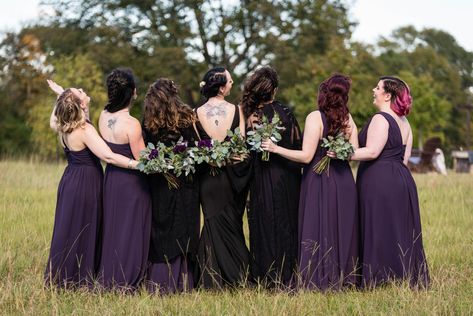 Our first Goth wedding at the barn and we loved it--every detail!   Pepper Sprout Barn | November wedding | Goth Wedding | black wedding dress | embrace your style | dark purple bridesmaid dresses | dramatic florals Wedding Cakes Black And White, Dark Purple Wedding Theme, Wedding Cakes Black, Gothic Bridesmaids, Purple Black Wedding, Wedding Goth, Dark Purple Bridesmaid Dresses, Dark Purple Wedding, Dark Romantic Wedding