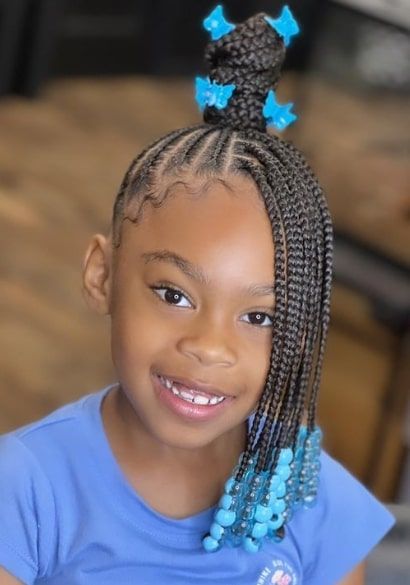 One Sided Braided Bun Braids And Beads Hairstyle For Kids Knotless Braids Little Kids, Two Braids In A Bun, Hairstyles For 5 Year Girl Black Braids, Bead Hairstyles For Kids, Girls Beaded Hairstyles, Kids Braided Hairstyles Ponytail, Kids Braids With Beads Simple, Side Braids For Kids, Girls Braids With Beads