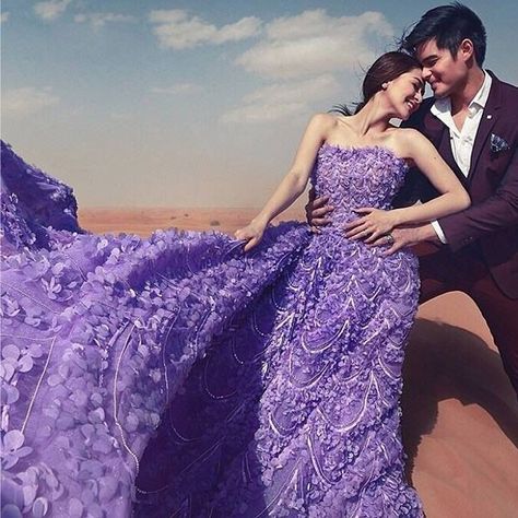 A beautiful pre-nup shoot of Marian and Dingdong in the desert of Dubai...wearing Michael Cinco... Marian Rivera Wedding, Marian Rivera Wedding Gown, Prenuptial Photoshoot, Elie Saab Dresses, Marian Rivera, Purple Long Dress, Gown Ideas, Michael Cinco, Long Train Wedding Dress