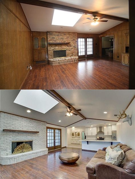 House remodel on a budget! These before and after pictures are amazing and full of DIY ideas. Love this living room! #livingroomremodeling Paneling Makeover, Ranch House Remodel, House Before And After, After Pictures, Diy Renovation, Flipping Houses, Living Room Remodel, Lounge Decor, House Remodel