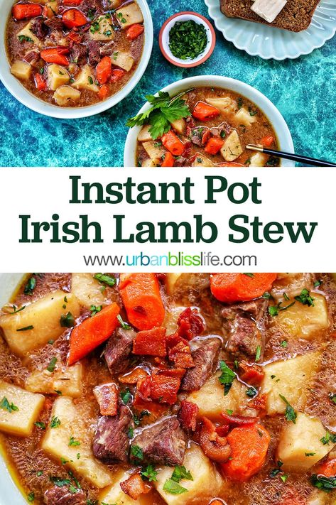 Instant Pot Irish Lamb Stew uses classic ingredients cooked more quickly in the electric pressure cooker. Get the full recipe and cooking tips at UrbanBlissLife.com Irish Stew Instant Pot, Guiness Stew Instapot, Instapot Irish Stew, Instant Pot Lamb Stew, Pressure Cooker Stew, Lamb Soup, Irish Lamb Stew, Irish Cuisine, Irish Stew