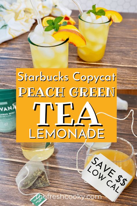 Easy Iced Peach Green Tea Lemonade Recipe (Starbucks Copycat) • The Fresh Cooky Ice Peach Green Tea Lemonade Starbucks, Starbucks Iced Peach Green Tea Lemonade, Starbucks Iced Tea Drinks Recipe, Starbucks Peach Green Tea Recipe, Peach Green Tea Starbucks, Peach Green Tea Lemonade Starbucks, Green Tea Lemonade Starbucks, Starbucks Peach Green Tea Lemonade Recipe, Starbucks Iced Peach Green Tea