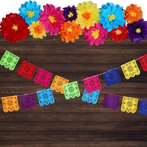 PRICES MAY VARY. A Nice Combination: you will get 12 pieces of Mexican paper flowers in 2 styles and 6 colors with 2 sheets of glue and 1 roll of white ribbon, 1 piece of Mexican theme party wood grain backdrop, and 2 pieces of Papel Picado Banner, the nice combination can meet your various use and decoration needs for your Mexican Fiesta party Celebrate Your Fiesta Party: our Mexican themed party decorations adopt many beautiful colors, there are two styles of paper flowers, very in line with t Floral Fiesta Theme Party, Fiesta Theme Table Centerpieces, Mexican Backdrop, Fiesta Theme Party Decorations, Frida Party, Mexican Fiesta Party Decorations, Mexican Theme Party, Mexican Paper Flowers, Nacho Taco