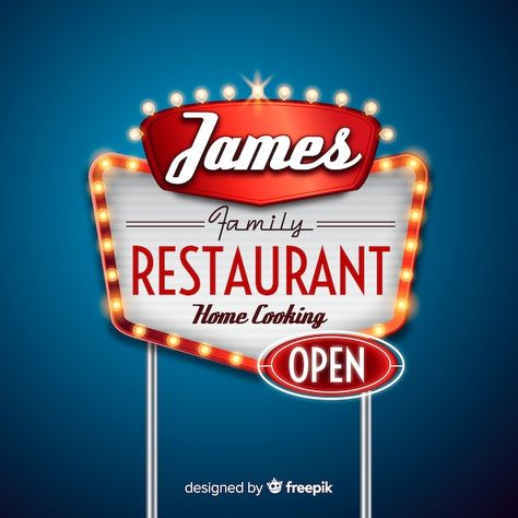 Restaurant billboard sign | Free Vector #Freepik #freevector #theatre-sign #light-sign #retro-light #retro-sign Restaurant Signage Design, Restaurant Signage, Retro Signage, Billboard Signs, Restaurant Signs, Retro Sign, Family Restaurants, Old Signs, Retro Lighting