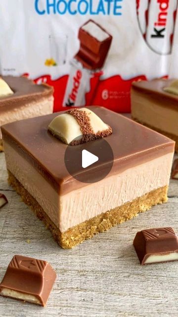 Sip, smile, repeat. on Instagram: "NO-BAKE KINDER CHEESECAKE BARS 😍

These Kinder cheesecake bars are so quick and easy to make with only 6-ingredients and they’re absolutely delicious! 🙌

They have a buttery biscuit base, a creamy Kinder chocolate cheesecake filling, topped with a rich Kinder chocolate ganache and chunks of Kinder Bueno 🤤

Sound on for full instructions 🔉

All you need is:

Base:
250g Digestive biscuits, finely crushed
100g unsalted butter, melted

Filling:
500g cream cheese, room temp
150g Kinder chocolate, melted and cooled slightly
100g icing sugar

Topping:
200g Kinder chocolate
100ml double cream
9 Kinder Bueno chunks (optional)

Tin size: 8x8”

Enjoy!

@ fitwafflekitchen" Kinda Bueno Cheesecake, No Bake Kinder Cheesecake, Kinder Cheesecake Recipe, Bueno Cheesecake, Fitwaffle Kitchen, Double Chocolate Cheesecake, Mini Cheesecakes Easy, No Bake Chocolate Cheesecake, Double Cream