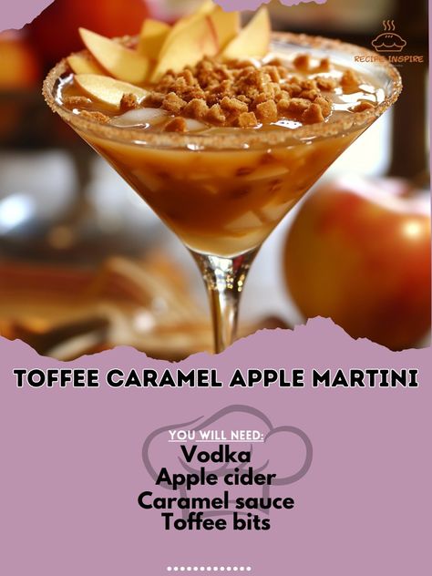 Savor the delicious taste of autumn with a Toffee Caramel Apple Martini—a sweet treat that’s hard to resist! 🍂🍬 #CocktailTime Toffee Caramel Apple Martini Ingredients: Vodka (2 oz) Apple cider (1 oz) Caramel sauce (1 oz) Toffee bits (1 oz, for garnish) Instructions: In a shaker, combine vodka, apple cider, and caramel sauce. Shake well with ice and strain into a martini glass. Garnish with toffee bits on top. 🍏🍸 Enjoy the Toffee Caramel Apple Martini for a sweet and decadent drink that ca... Vodka Apple Cider, Caramel Apple Martini, Martini Ingredients, Glass Garnish, Apple Martini, Apple Cider Caramels, Toffee Bits, Martini Recipes, Caramel Apple