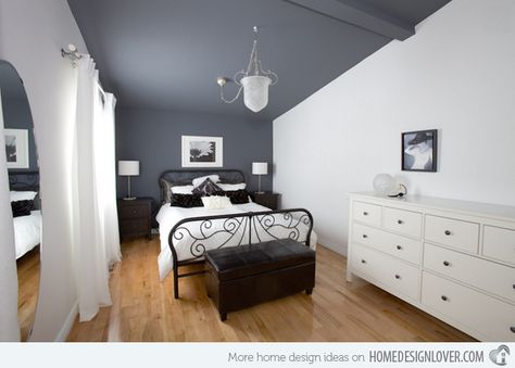 15 Charismatic Sloped Ceiling Bedrooms -- This might be the way to go as an inexpensive solution Sloped Ceiling Bedroom, Dark Ceiling, Grey Ceiling, Grey Accent Wall, Accent Wall Colors, Bedroom Contemporary, Hale Navy, Storage Benches, Accent Wall Paint