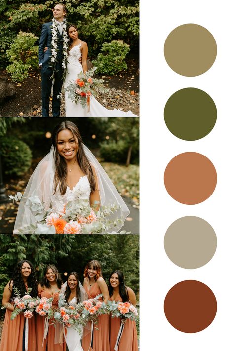 Photo of bride and groom, bride portrait, and bride with her bridal party with fall wedding color palette inspiration Earth Tone Spring Outfits, Fall Wedding Color Inspiration, Oregon Fall, Intimate Fall Wedding, Earth Tone Wedding, Earth Tone Color Palette, Beautiful Fall Wedding, Portland Oregon Wedding, Earth Tone Color