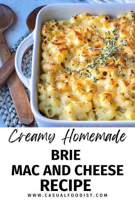 This Creamy Brie Mac and Cheese is the Best homemade macaroni and cheese recipe! This baked mac and cheese is creamy and indulgent, the perfect dinner or side dish idea. Serve this brie mac and cheese with chicken, beef or pork or as a holiday side dish for Christmas, Thanksgiving, New Years Eve or Easter. The best brie mac and cheese recipe. www.casualfoodist.com Brie Cheese Dinner Recipes, Brie Mac And Cheese Recipes, Christmas Mac And Cheese, Brie Mac And Cheese, Mac And Cheese With Chicken, Best Homemade Mac And Cheese Recipe, Good Macaroni And Cheese Recipe, Creamy Brie, Easy Mac N Cheese