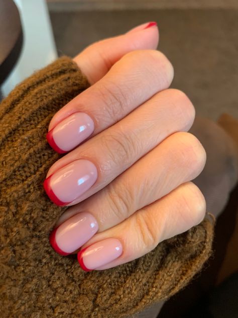 Squoval Nails French Tip Color, Squoval French Tip Nails Color, Red Tip Short Nails, Red Glitter French Tip Nails Short, Red French Tip Short Nails, Red Nail French, Red French Nails Square, French Nail Red, Short Red French Nails