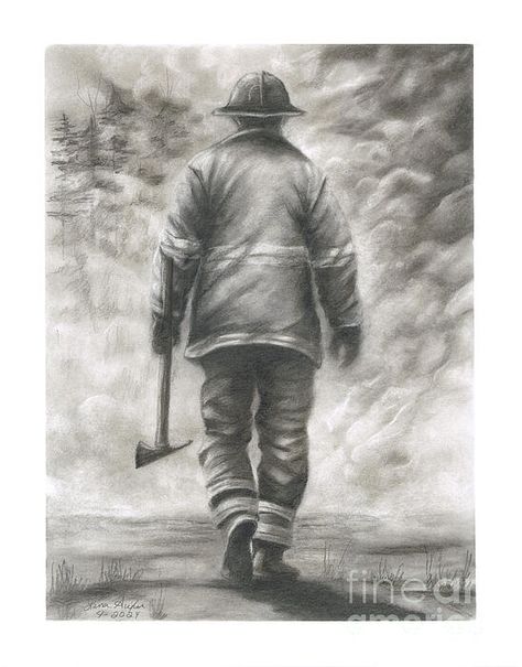 Fireman Drawing, Firefighter Drawing, Forest Drawing, Firemen Gifts, Charcoal Pencil, Charcoal Drawings, Forest Fire, Charcoal Drawing, Pencil Drawing