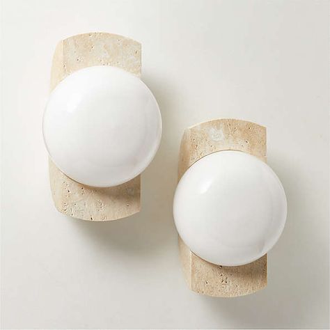 Modern Wall Sconces, Indoor/Outdoor Wall Lights and Plug-In Sconces | CB2 Unique Sconces Wall Lighting, Powder Room Lighting Ideas, Modern Bathroom Sconces, Bathroom Lighting Inspiration, Staircase Wall Lighting, Unlacquered Brass Hardware, Ivory Travertine, Travertine Wall, Gigi Paris