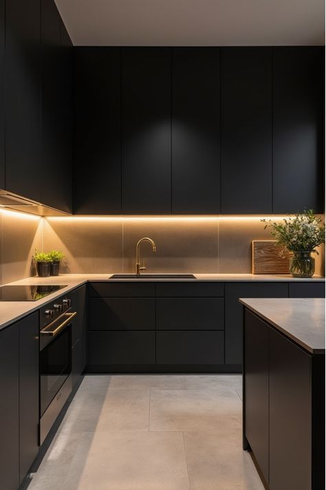 Contemporary kitchen featuring matte black cabinets and warm lighting Modern Kitchen Decor Ideas, Monochrome Kitchen, Modern Kitchen Decor, Kitchen Wood, Brass Fixtures, Kitchen Decor Modern, Kitchen Needs, Scandinavian Kitchen, Stunning Kitchens